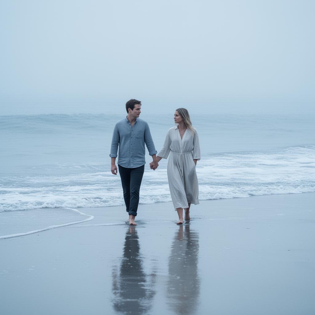 Couple walking hand in hand along the shore at golden hour