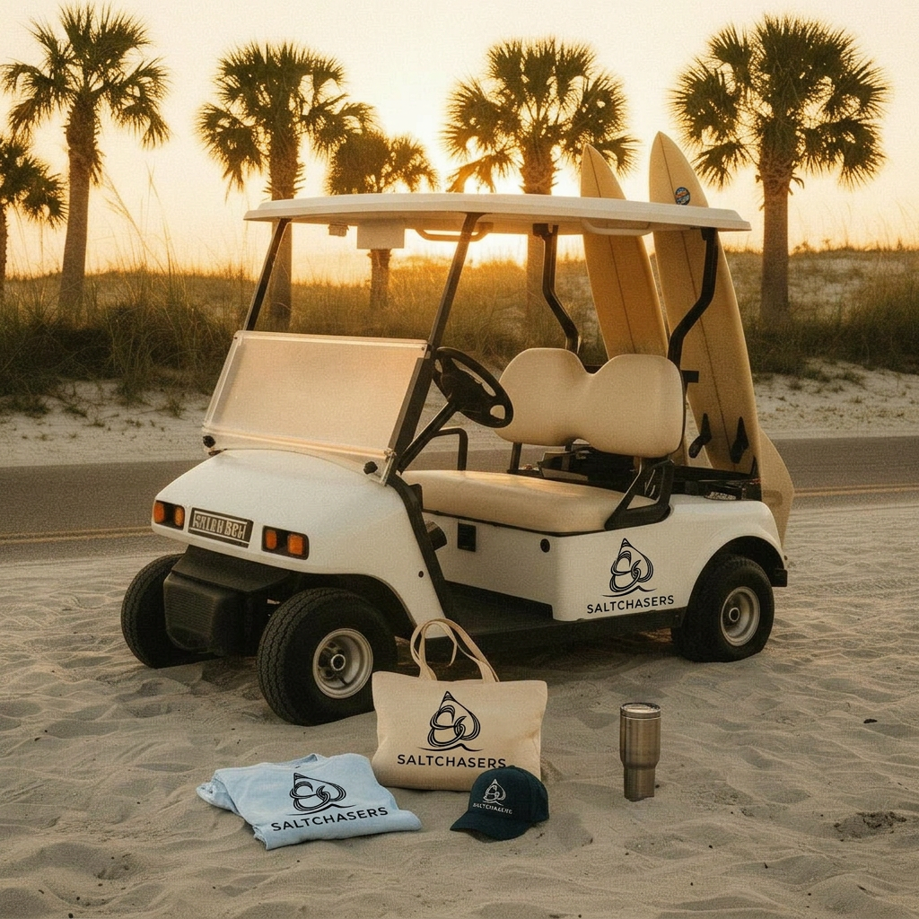 White beach golf cart with surfboards on a palm-lined Surfside street